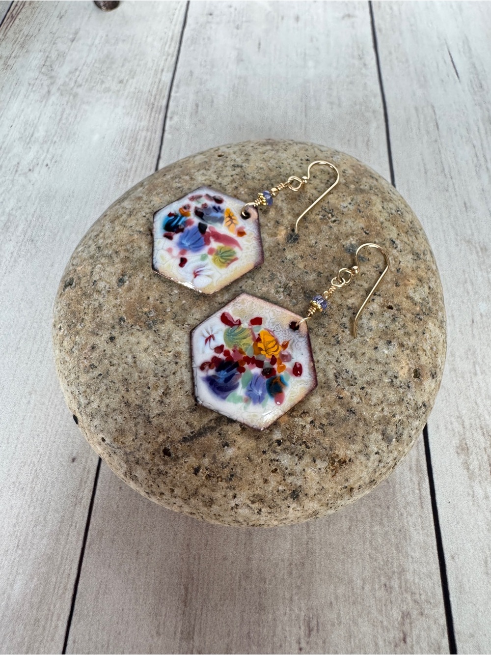 Hexagon Floral Enamel Drop Earrings in Multicolor with Gold Hooks